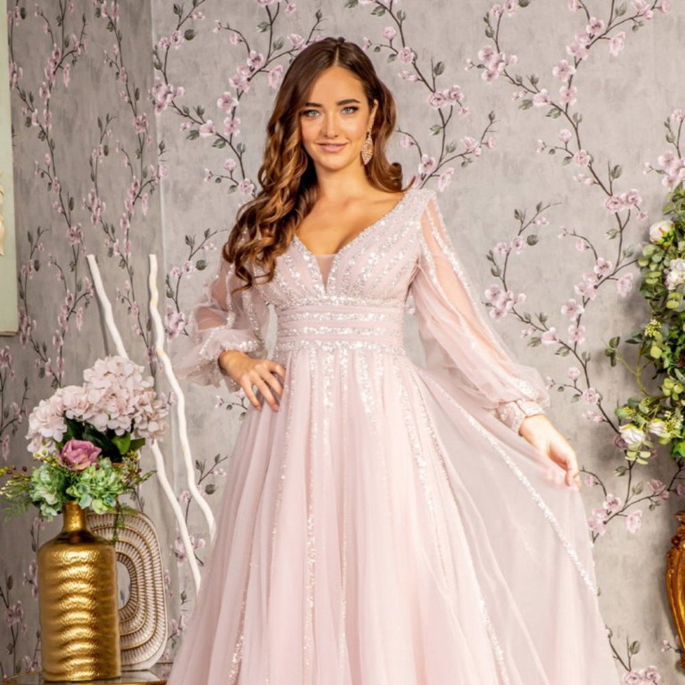 NEW LONG A-LINE FORMAL DRESS WITH SHEER SLEEVES EMBROIDERED WITH SEQUINS GL3495